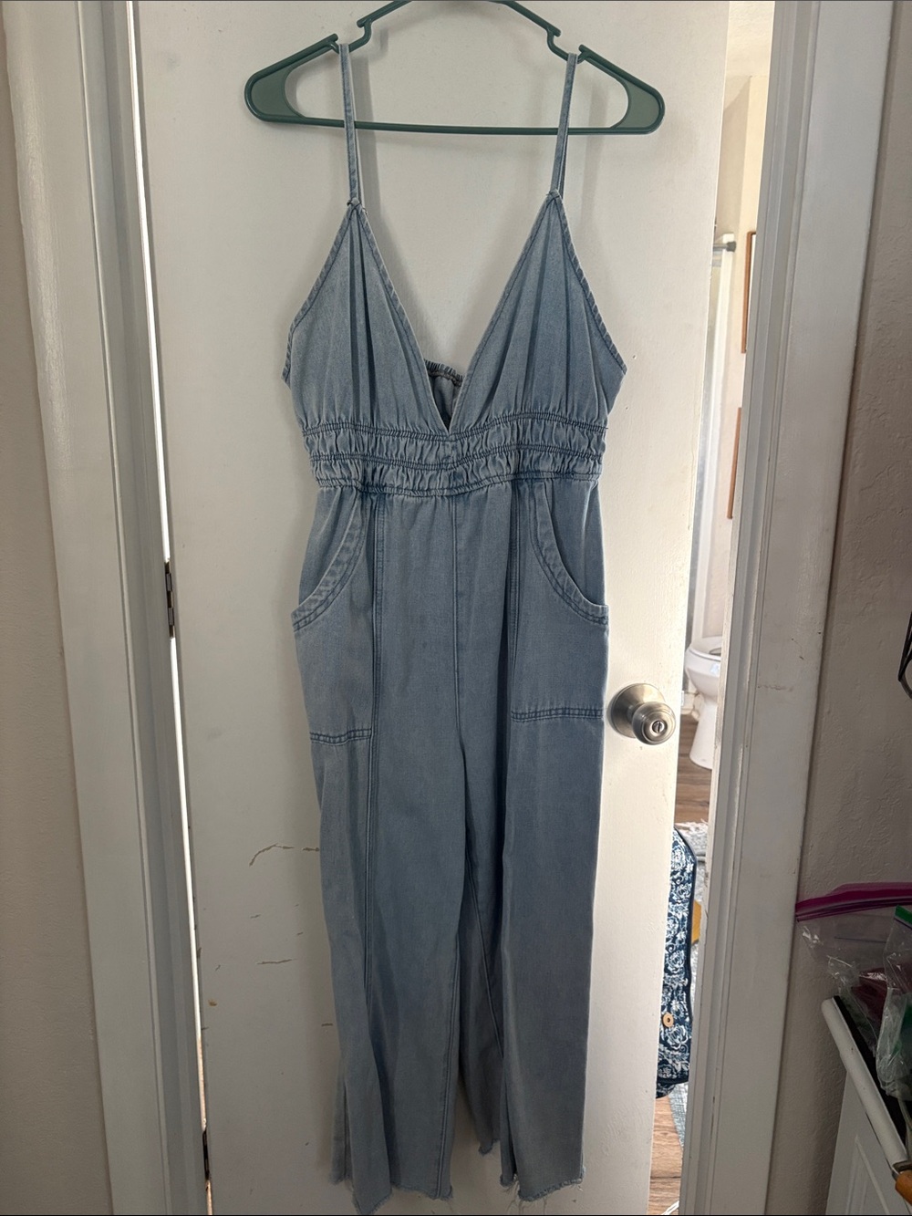 Light Blue Denim Jumpsuit with Smocked Waist